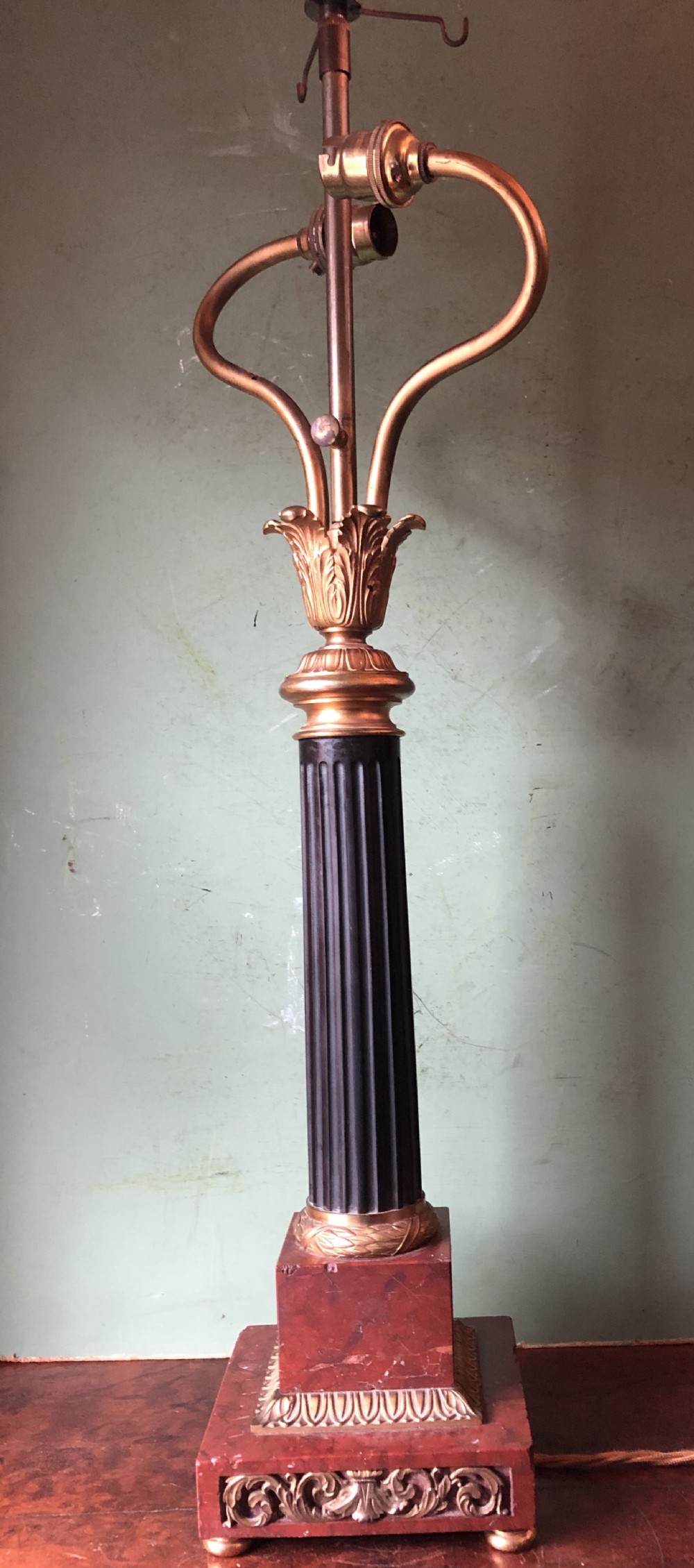late c19th french patinated bronze gilded ormolu bronze and marble empire design table lamp