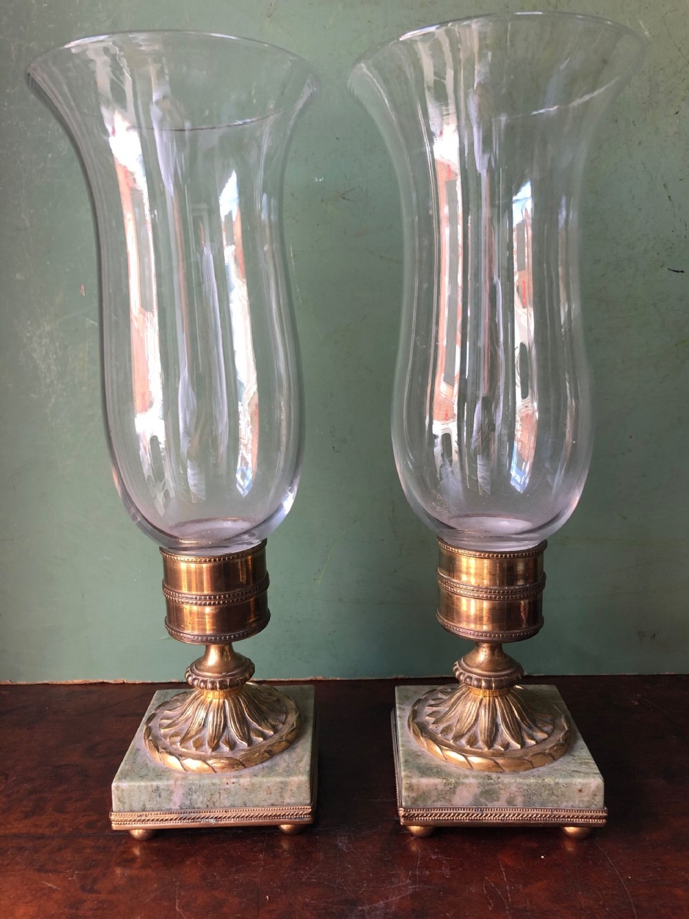 pair of mid c19th french giltbrass and marble based photophores glass candlelamps