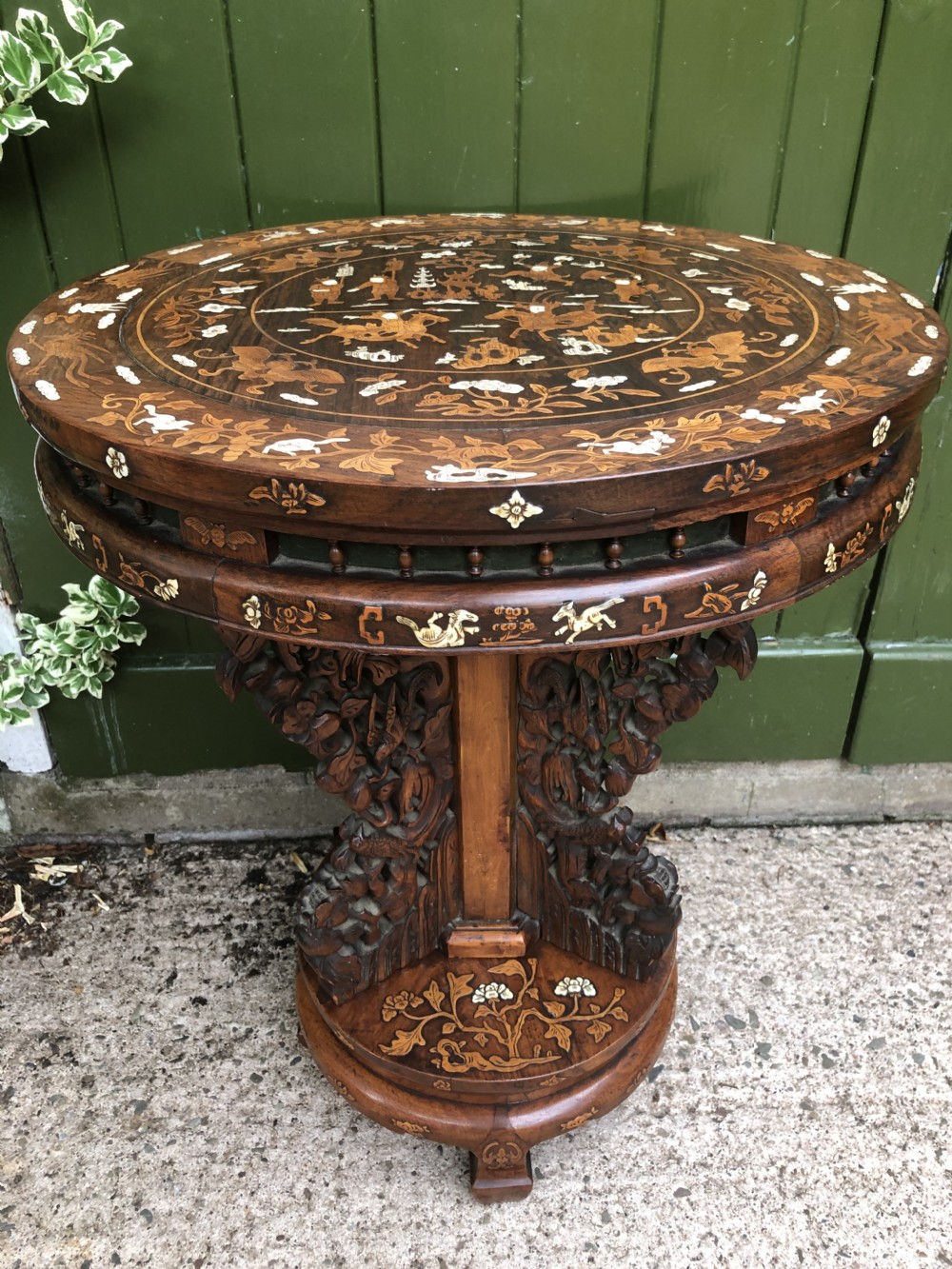 c19th chinese hardwood circular occasional table with ivory and boxwood inlay