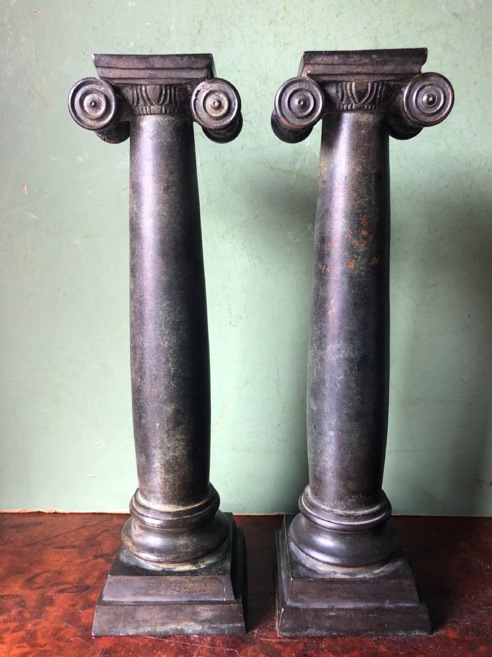 pair of late c19th bronze classical column candlesticks