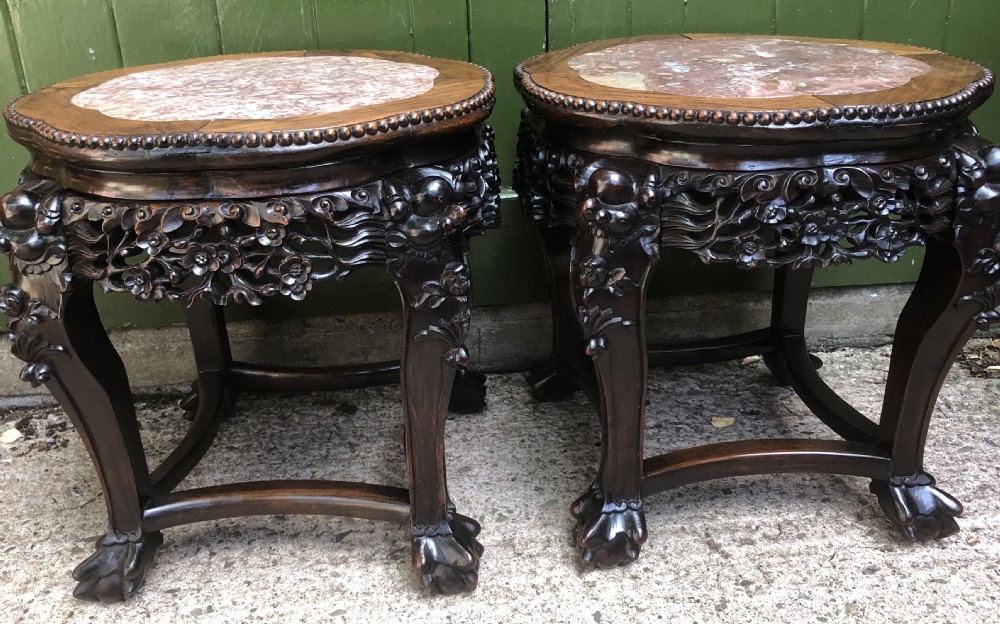 pair of late c19th chinese qing dynasty carved hardwood marbletopped tables or bowlstands
