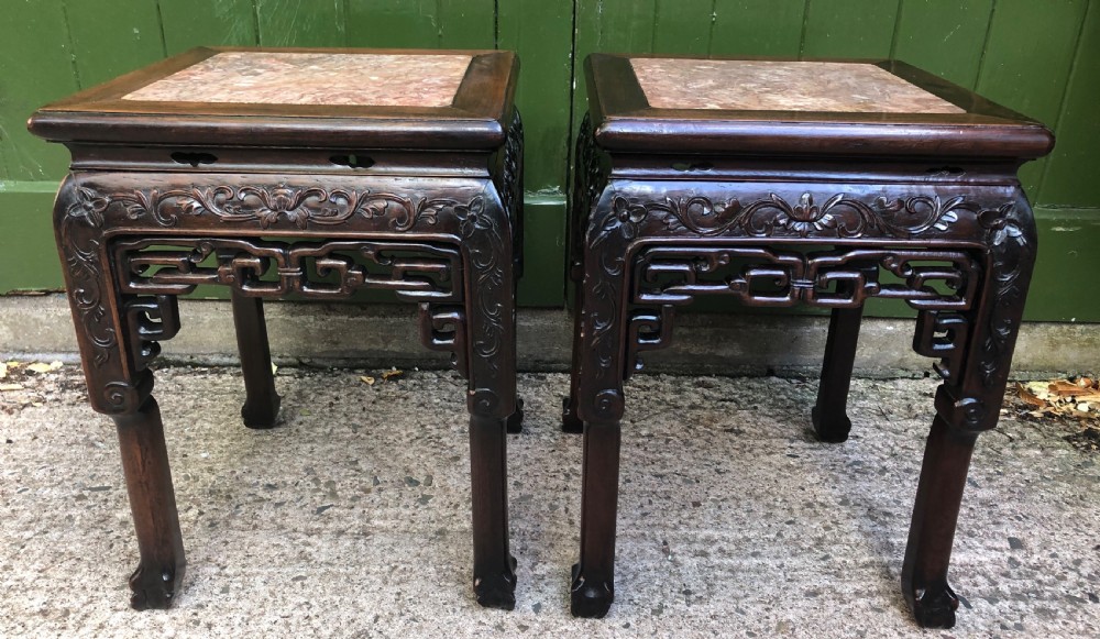 pair of late c19th chinese qing dynasty carved hardwood low jardiniere stands