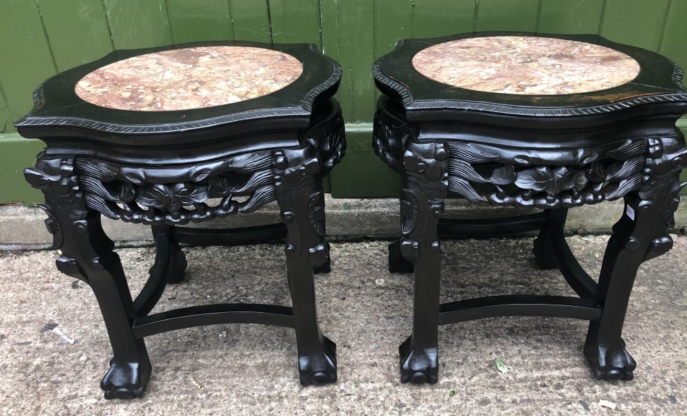 pair of late c19th chinese qing dynasty carved ebonised hardwood inset marble top tables