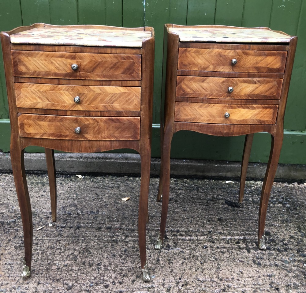 pair of early c20th french kingwood bedside table with marble tops