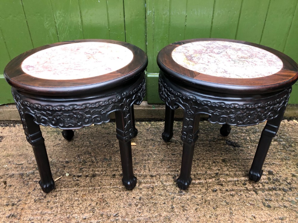 pair of late c19thearly c20th chinese qing dynasty carved hardwood rouge marble topped circular tables