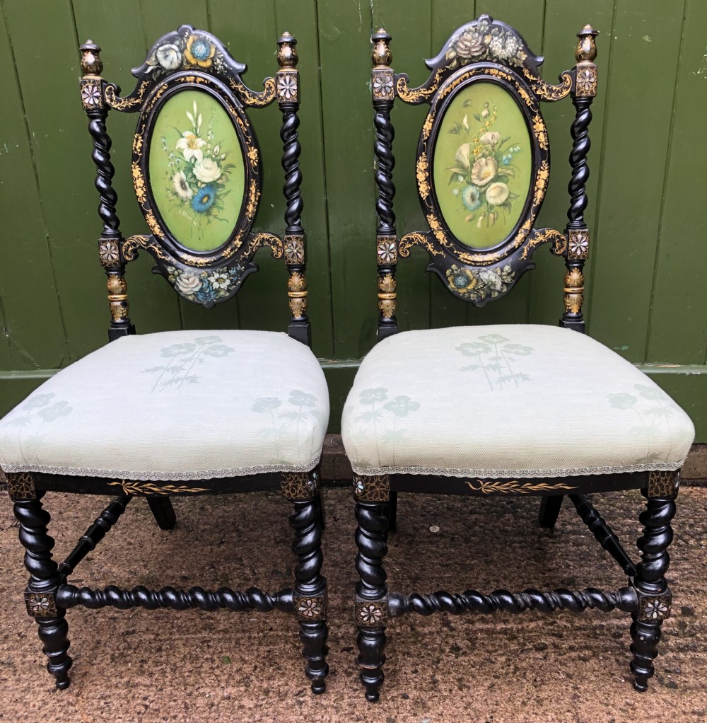 pair of mid c19th lacquered papiermch bedroom chairs in the manner of jennens and bettridge