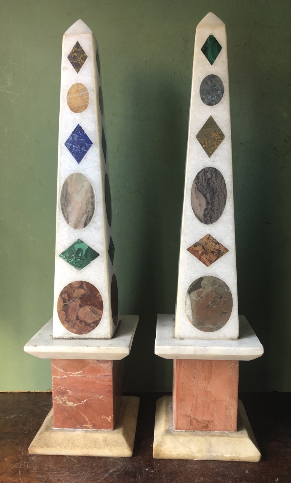 pair of early c20th decorative marble obelisks with coloured specimen marble hardstone inlay