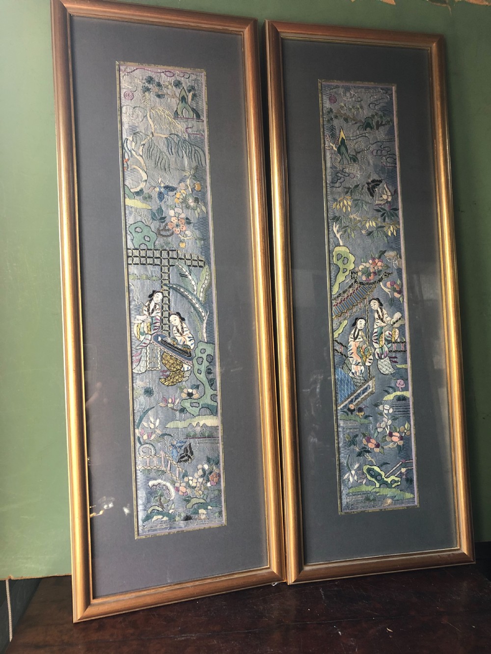 pair of late c19th early c20th chinese embroidered silk kimono sleeves in gitwood frames