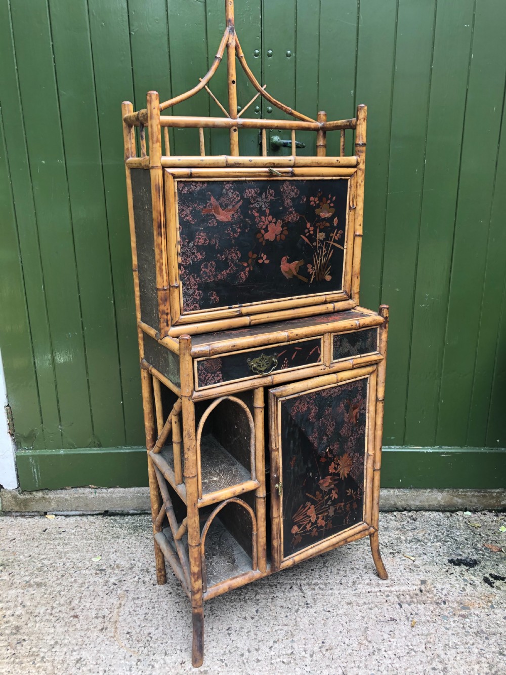 late c19th chinoiserie bamboo and lacquer pagodatopped escritoire cabinet