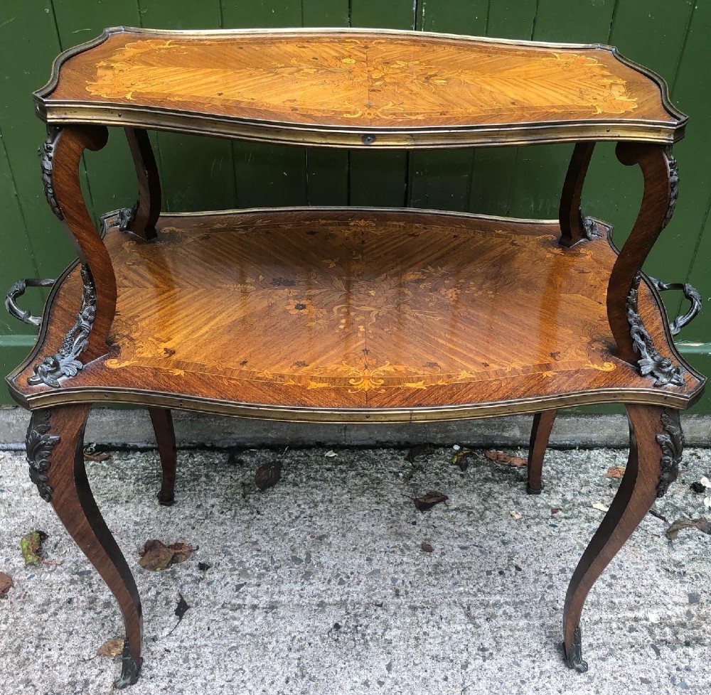 early c19th french 2tier floral marquetry inlaid kingwood rosewood satinwood and walnut etagere