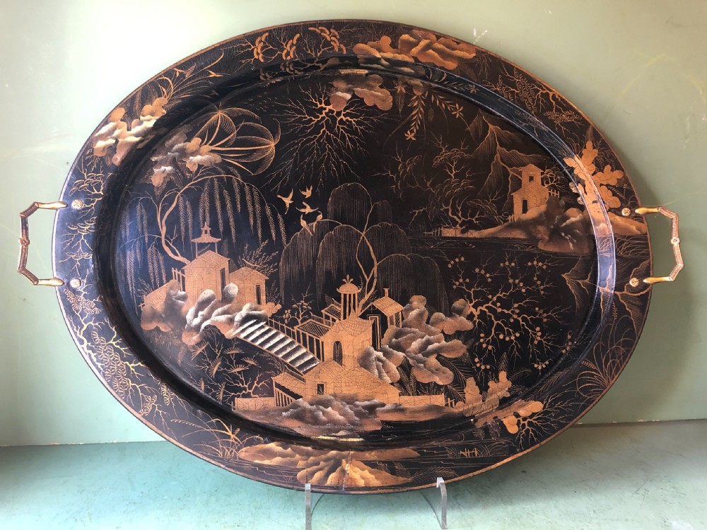 early c19th regency period papiermch lacquered oval tray by clay