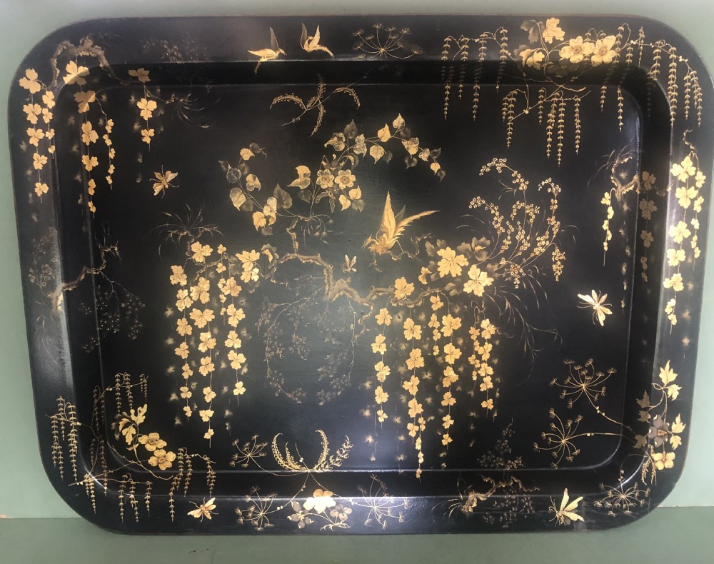 early c19th regency period black lacquered papiermch rectangular tray with gilded chinoiserie decoration
