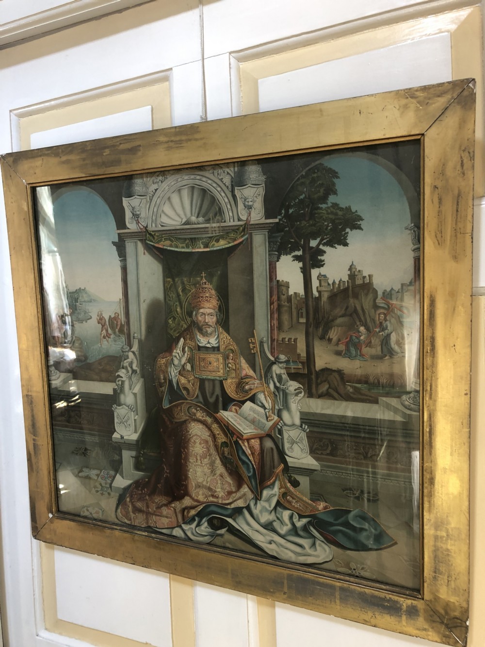 interesting large early c19th coloured religious engraving or aquatint in watergilded frame after the original oil by grao vasco