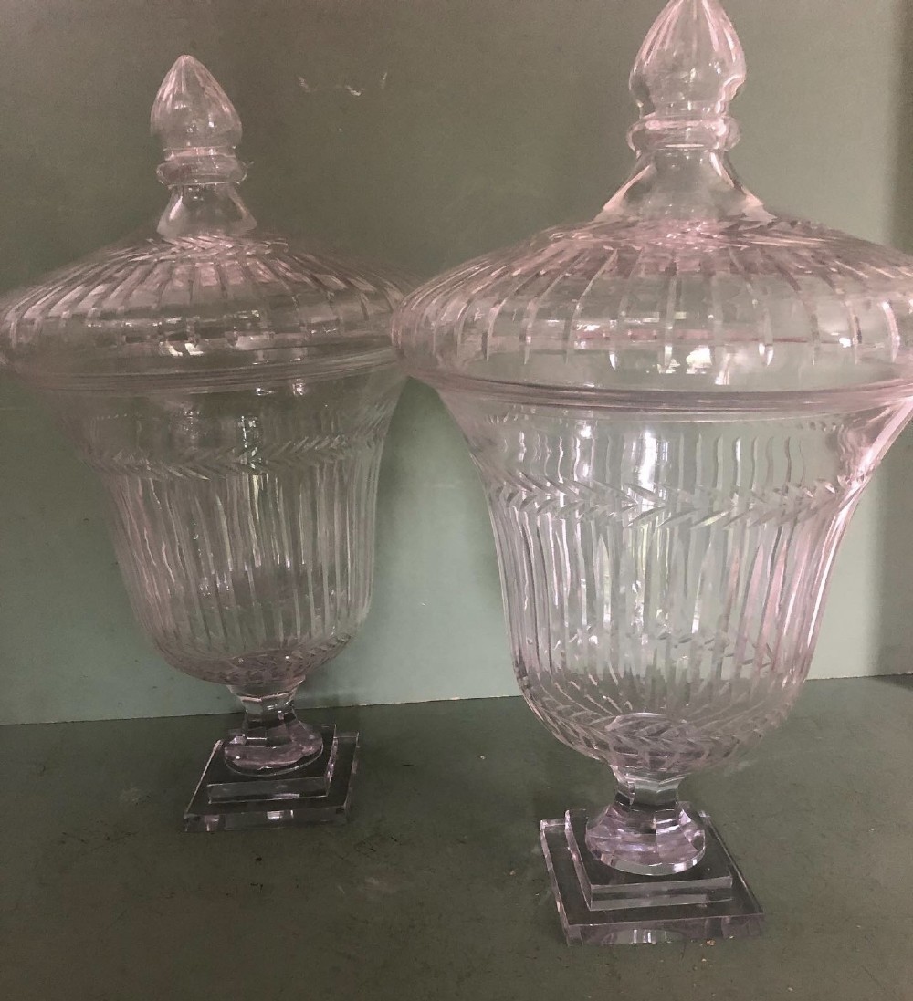 impressive largescale pair of early c19th regency period cutglass and etched bon bon jars or fruitcoolers