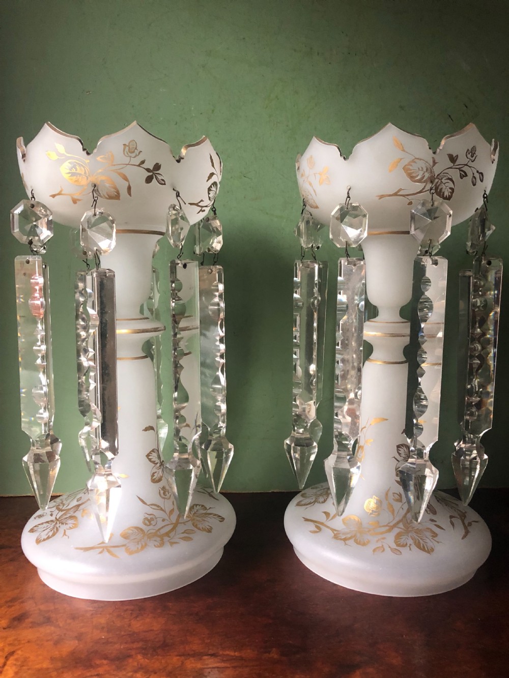 pair of c19th victorian opaline glass lustres with cutglass facet droppers