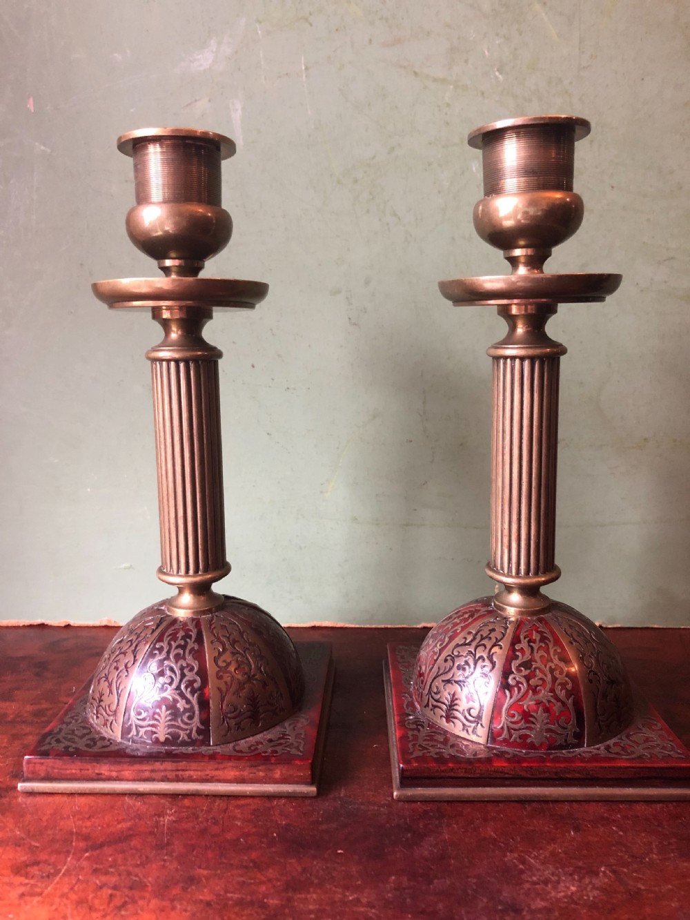 pair of fine quality late c19th brass and scarlet red tortoiseshell boullework candlesticks