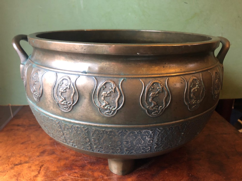 c19th chinese bronze censer or ding with cast dragon panel decoration