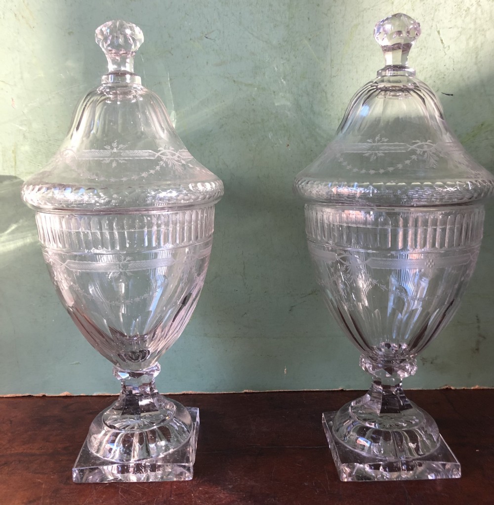 pair of early c19th regency period cutglass bonbon vases and covers