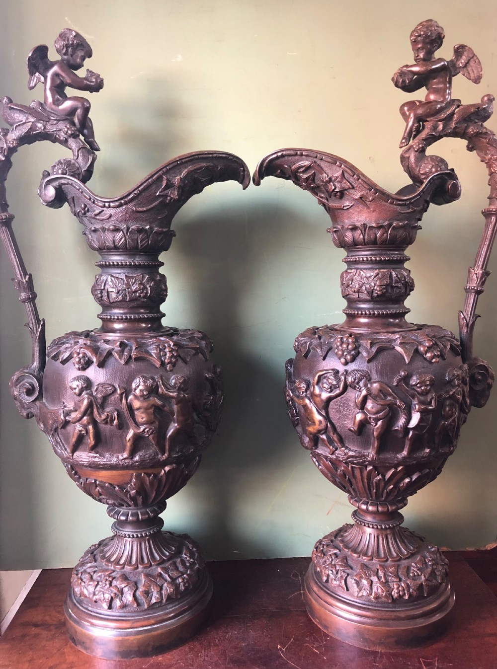 pair of large mid c19th italianate cast bronze ewers in the renaissance revival style