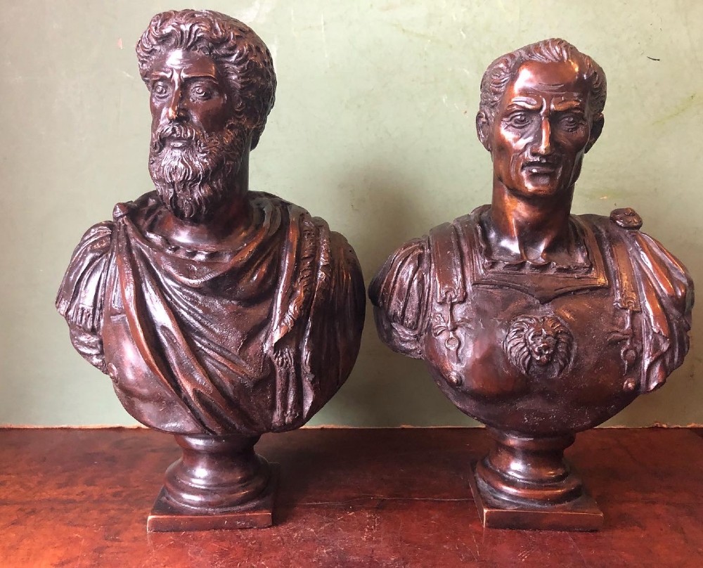 pair late c19th early c20th bronze bust studies of julius caesar and marcus aurelius after francesco jerace
