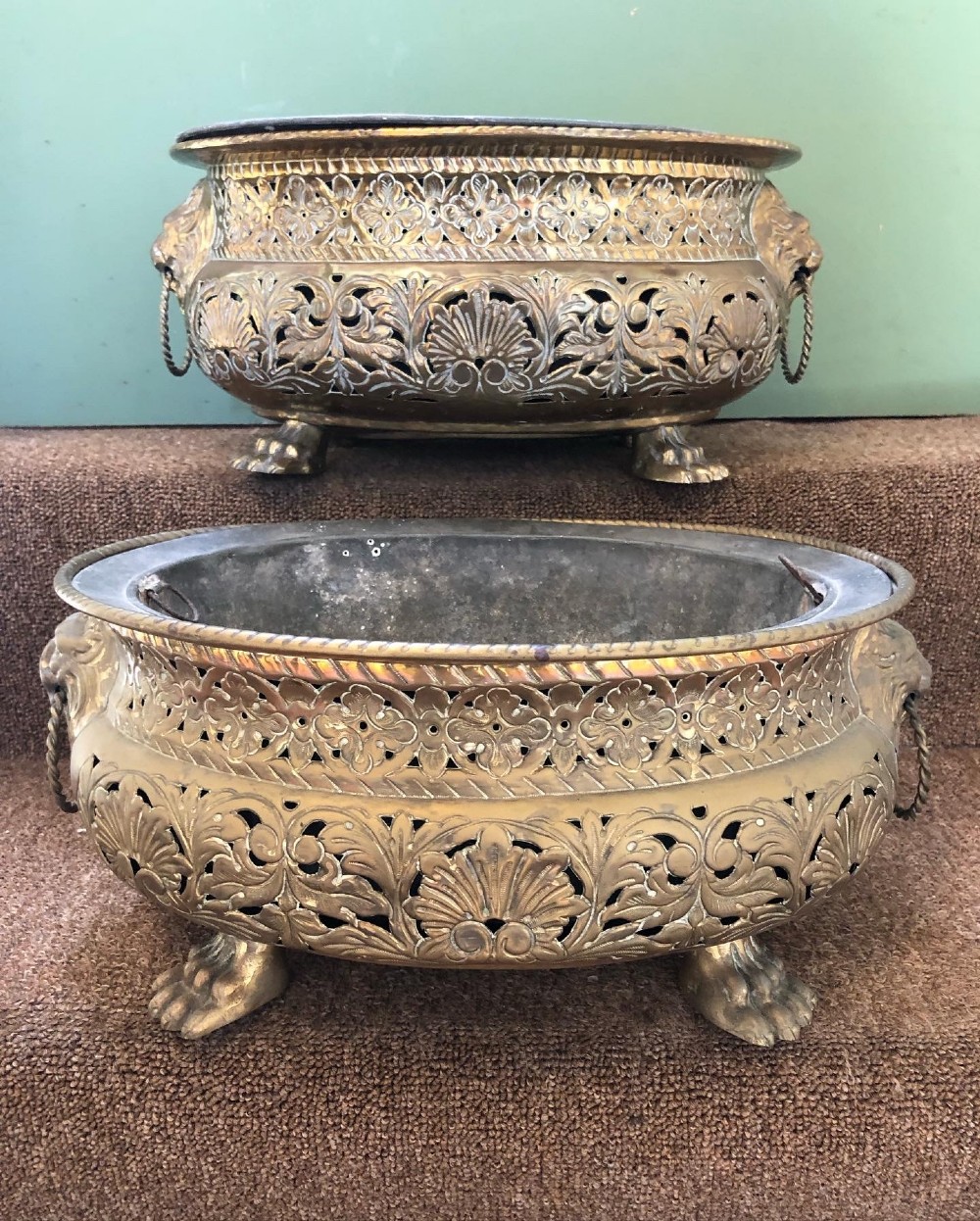 pair of late c18th early c19th dutch oval gilded brass jardinires or planters