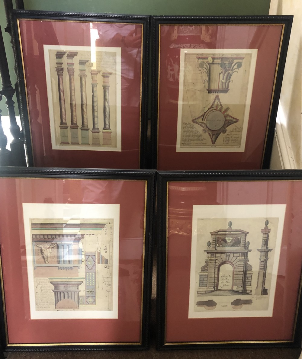 set of 4 early c19th french handcoloured engravings of classical architecture mounted in ebonised frames