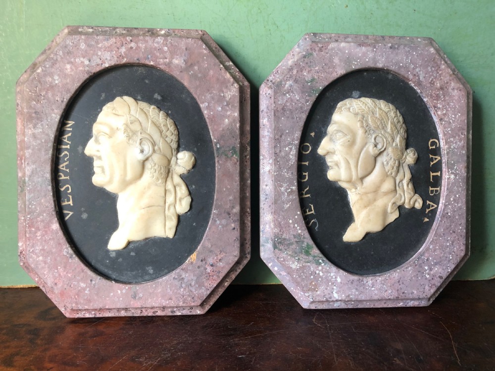 fine pair of late c18th italian grand tour souvenir carved marble cameo basrelief profile portraits of roman emperors