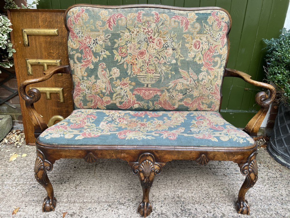early c20th carved walnut frame george i period revival settee with fine tapestry covering