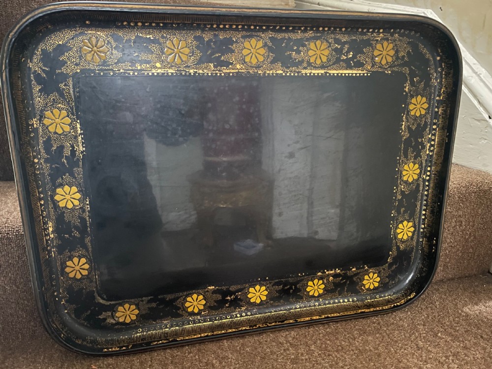 mid c19th black lacquered and gilded rectangular papiermch tray