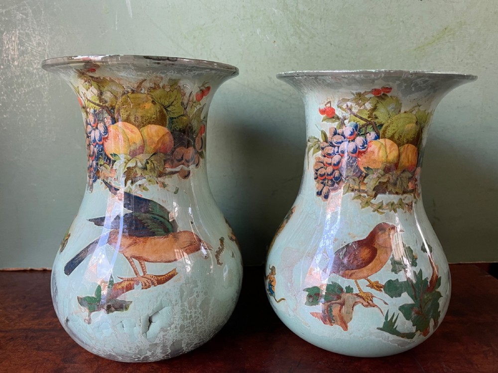 pair of mid c19th glass decalcomanic decorated baluster vases
