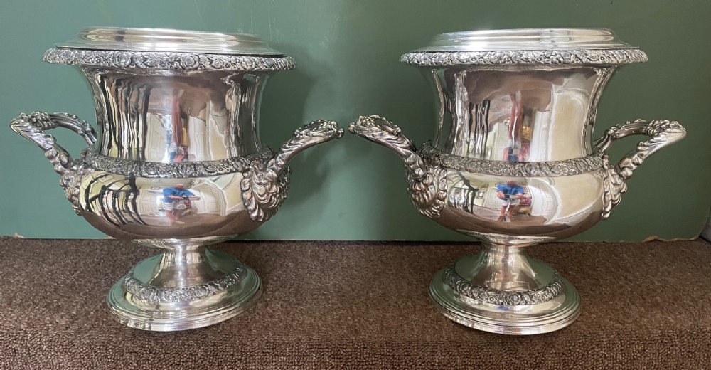 pair of early c19th regency period old sheffield plate wine coolers of campana design