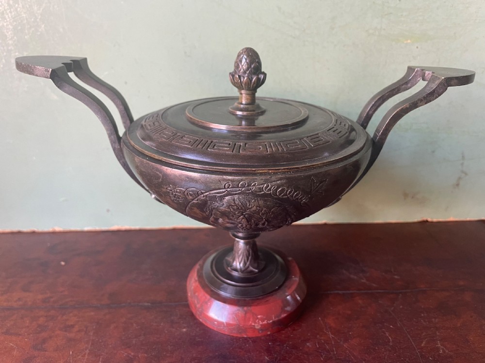 c19th italian bronze grand tour souvenir after the antique lidded cup or tazza on a rouge griotte marble base