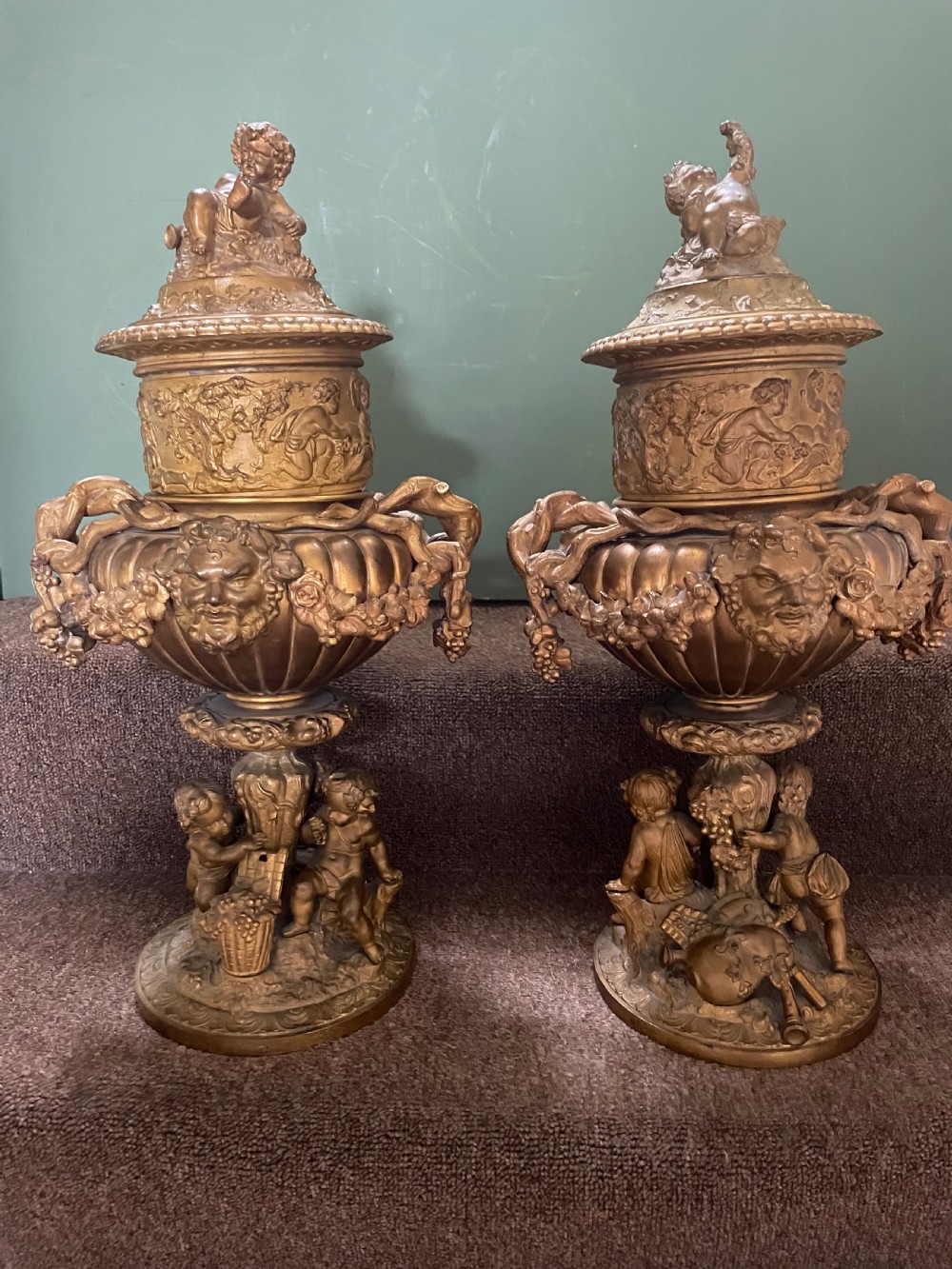 pair of large late c19th french napoleon iii period gilt metal winecoolers of circular form after clodion