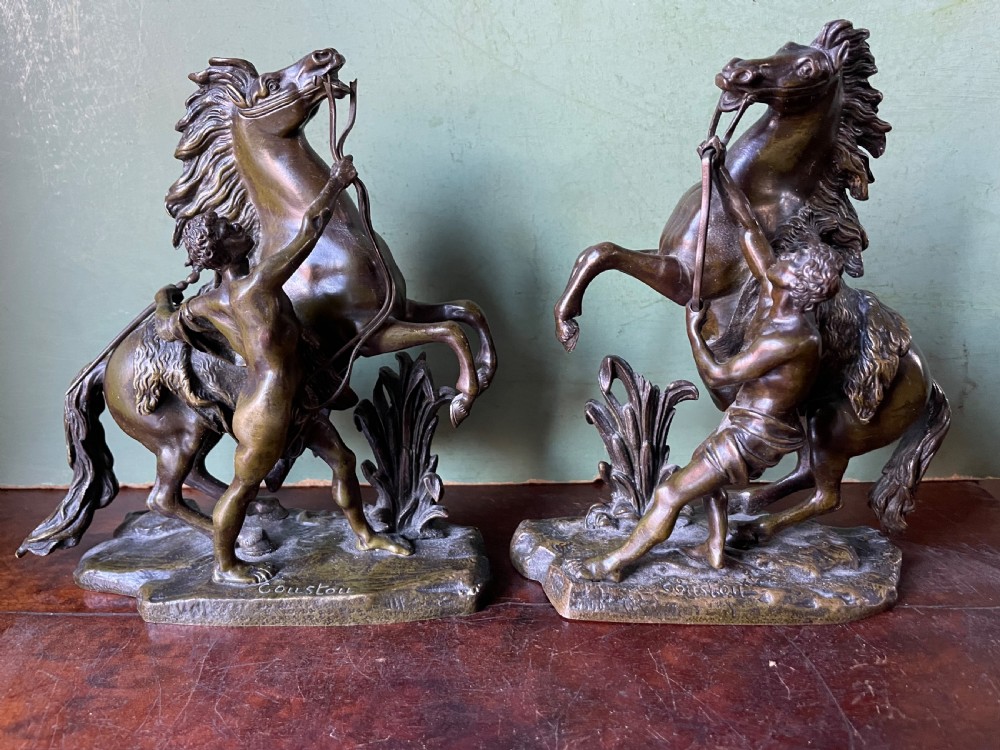 pair of fine quality smallerscale c19th french bronze sculpture reductions of the marly horses after coustou