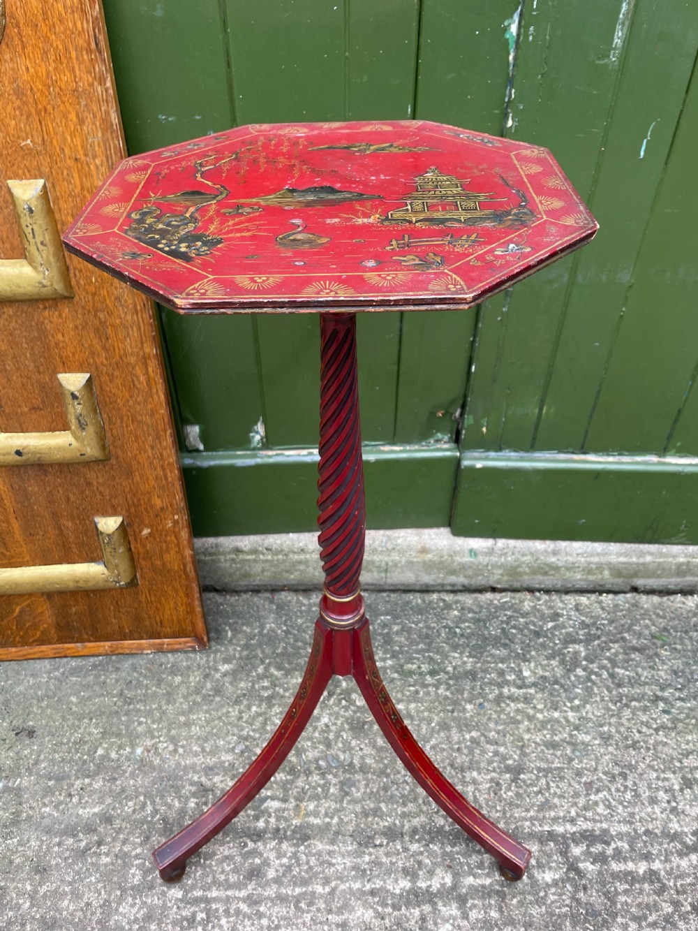 late 19th early c20th chinoiserie decorated vermilion red lacquer tripod table or candlestand in the late c18th george iii period style