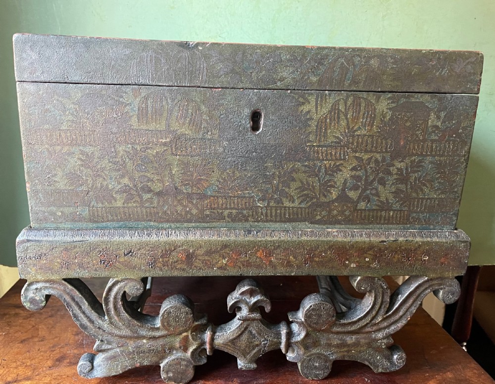 mid c19th indian painted and varnished tabletop casket on stand