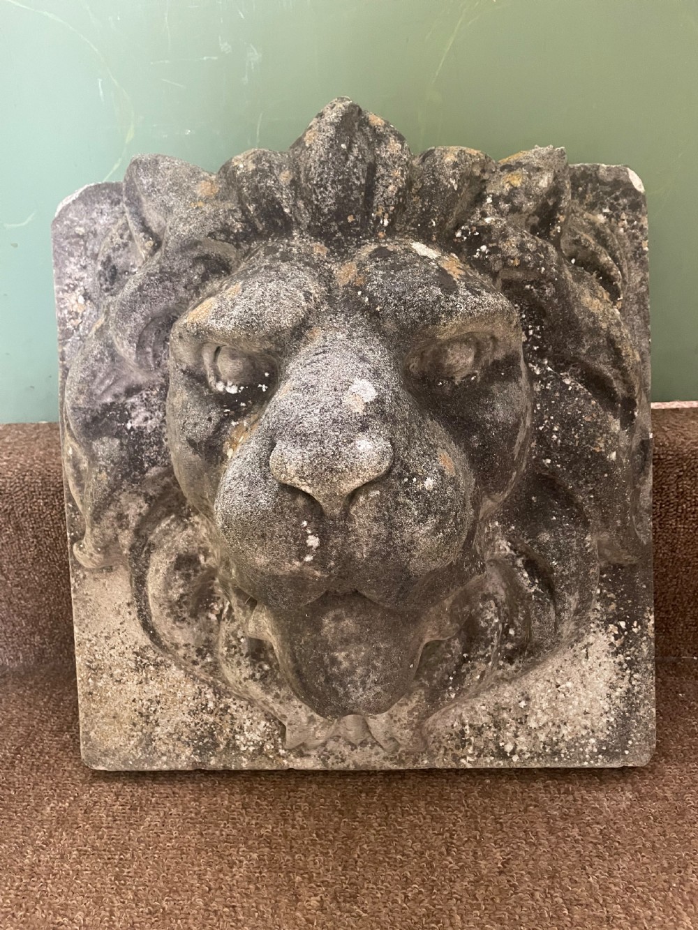 highly decorative large early c20th cast composition stone lions mask panel