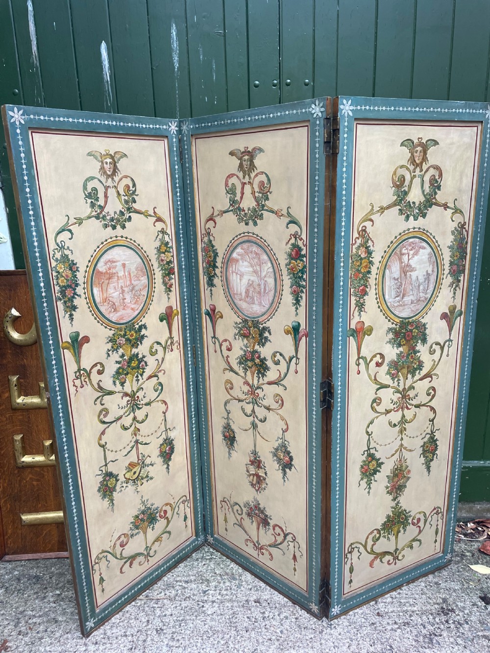 decorative late c19th italianate painted wooden folding 3panel screen or room divider