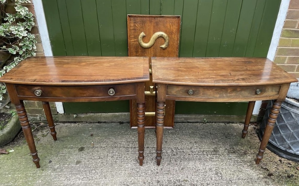 scarce pair of early c19th regency period bowfronted mahogany side tables