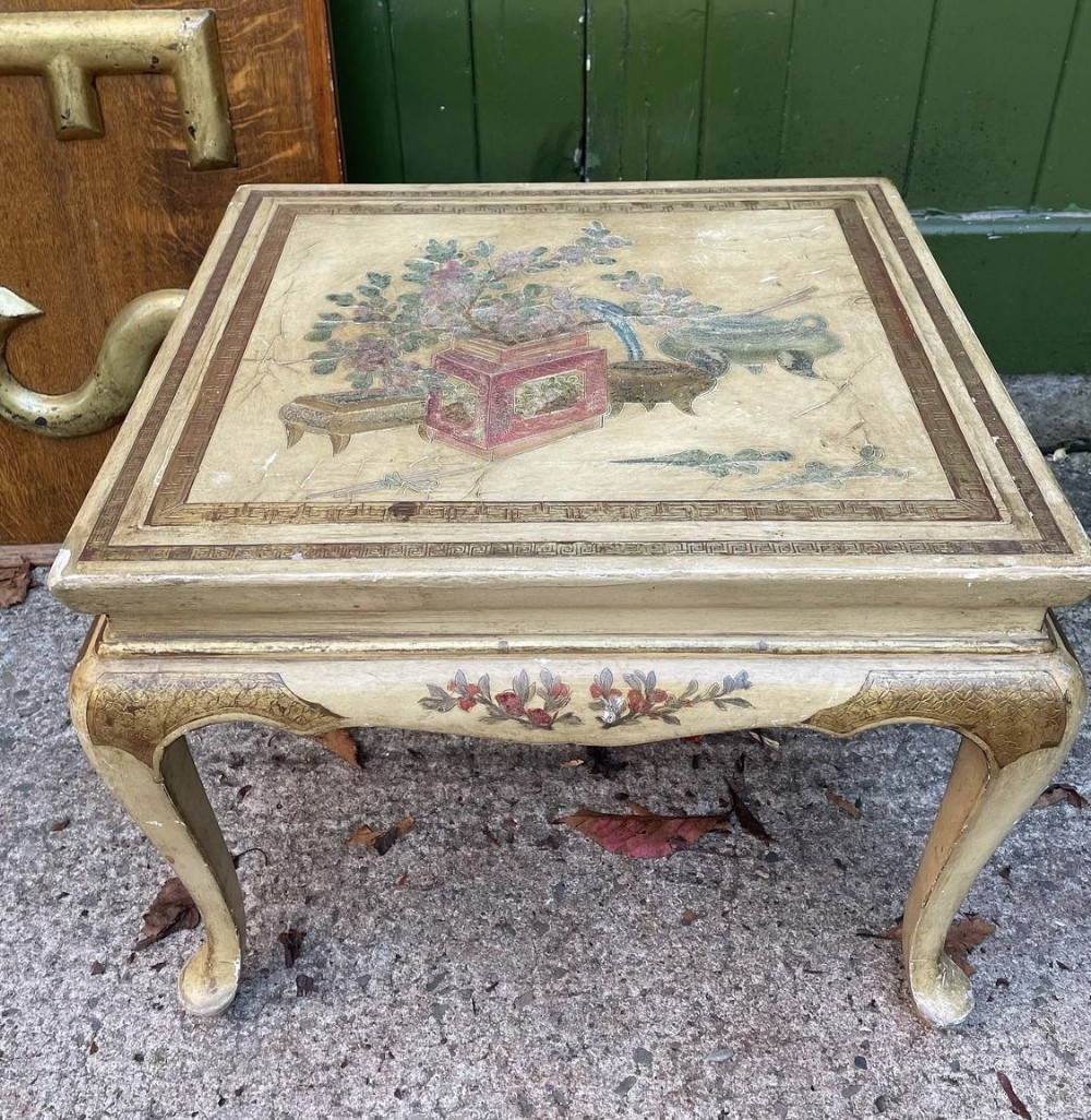 decorative early c20th chinoiserie style cream lacquer decorated low table