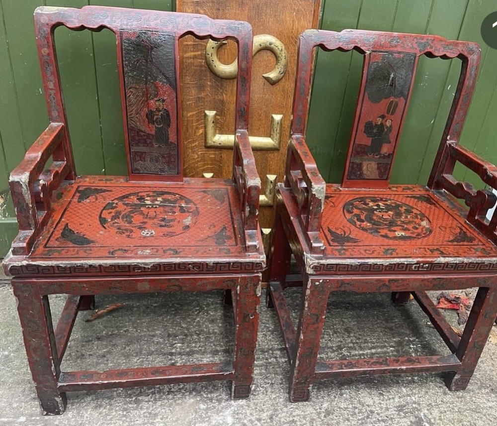 pair of late c19th chinese red lacquer decorated armchairs