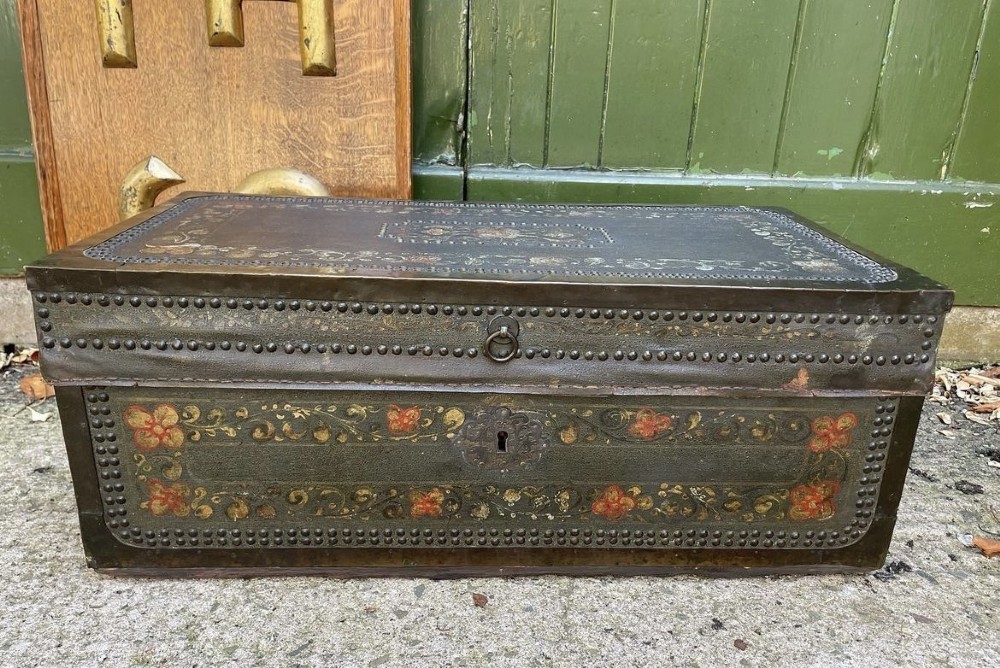 mid c19th chinese export brassbound leather covered camphor trunk or coaching chest