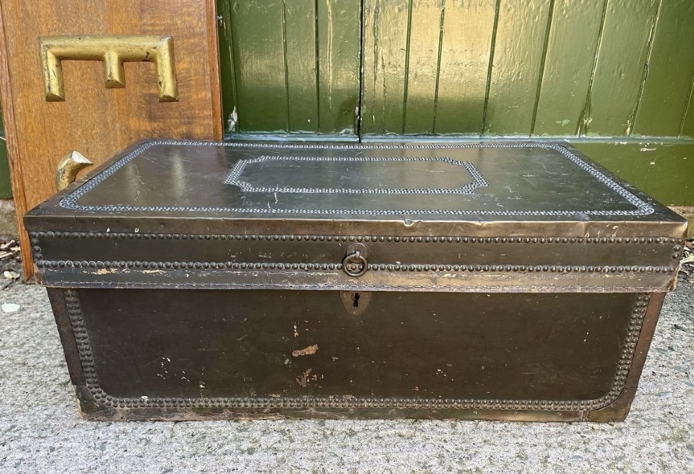 mid c19th chinese export brassbound leather and camphor chest or coaching trunk