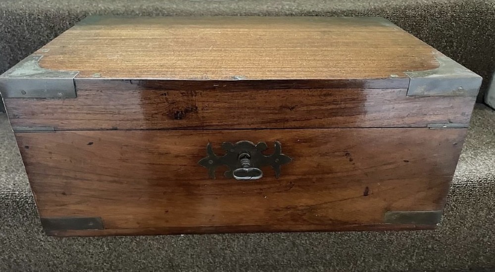 mid c19th angloindian brass bound teak travelling writing or scribes box