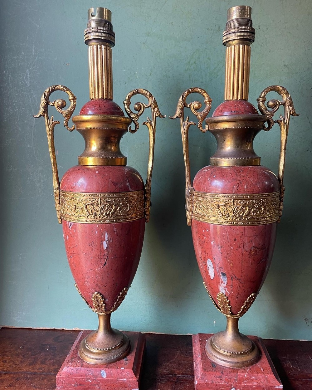 pair of c19th french ormolumounted rouge marble lamps