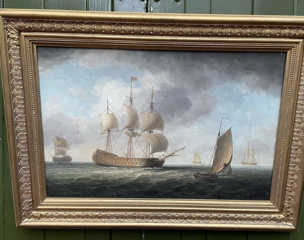 mid c20th marine oil paintingonboard of late c18thearly c19th inspiration signed by james hardy iii