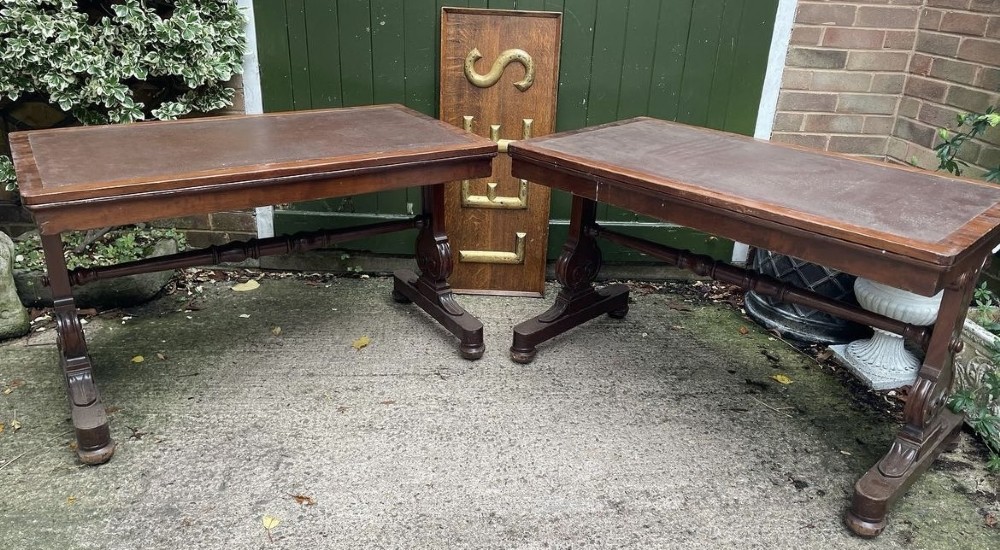 scarce matching pair of early c19th george iv period mahogany library or writing tables