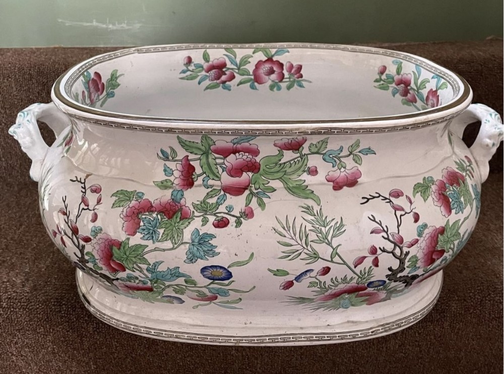 mid c19th staffordshire china floralprinted indian tree type decorated footbath in cherished repaired countryhouse condition