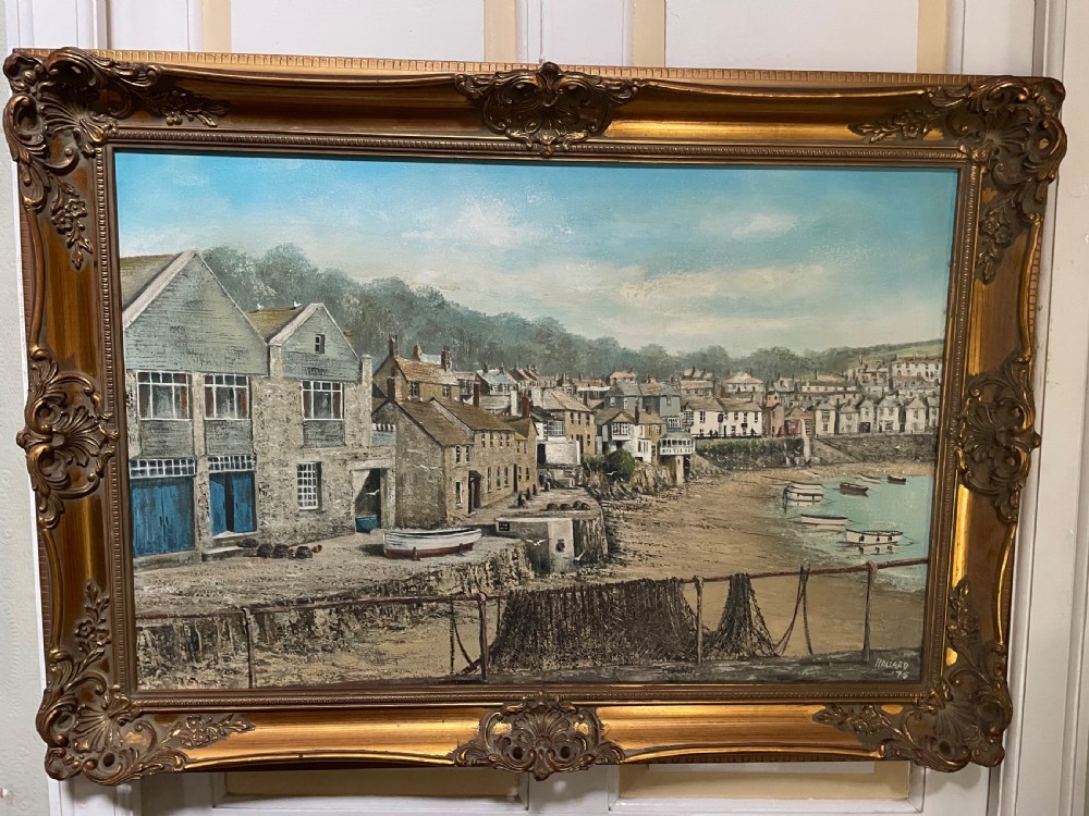 large c20th oil on canvas painting of mousehole harbour penzance cornwall by nigel hallard 19362020