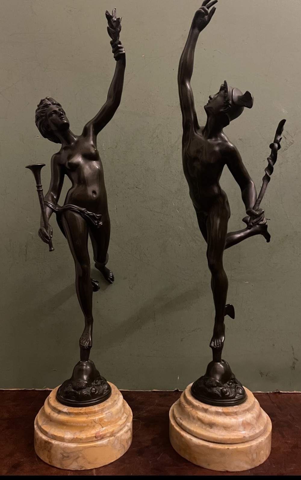 pair of finely cast c19th grand tour souvenir classical bronze statuettes of mercury and fortuna after giambologna